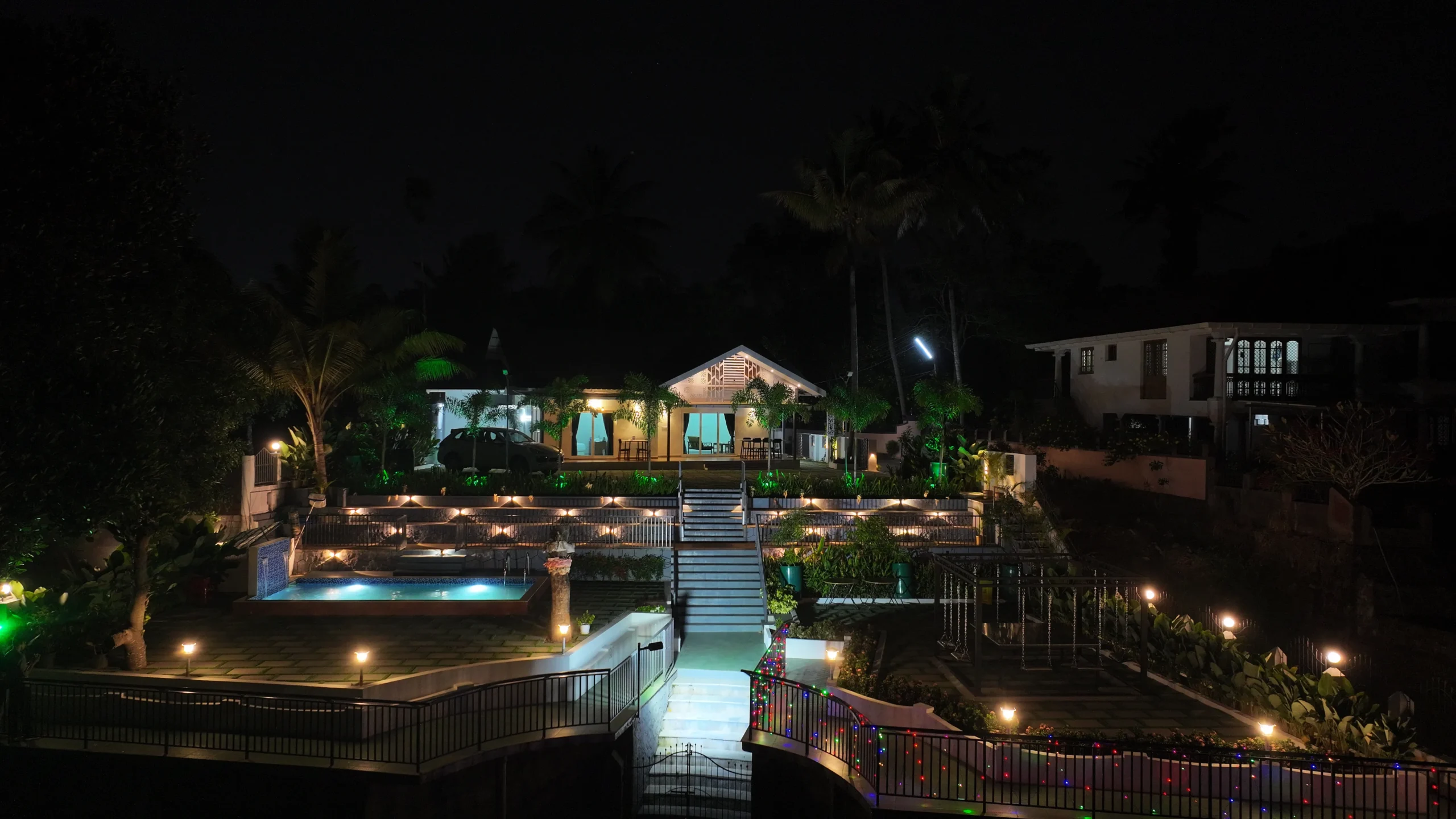 Private pool villa in Kochi riverside night view with lightings at Periyar Vibes